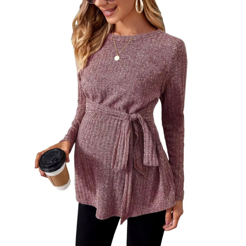RidgeBloom – Belted Knit Maternity Sweater