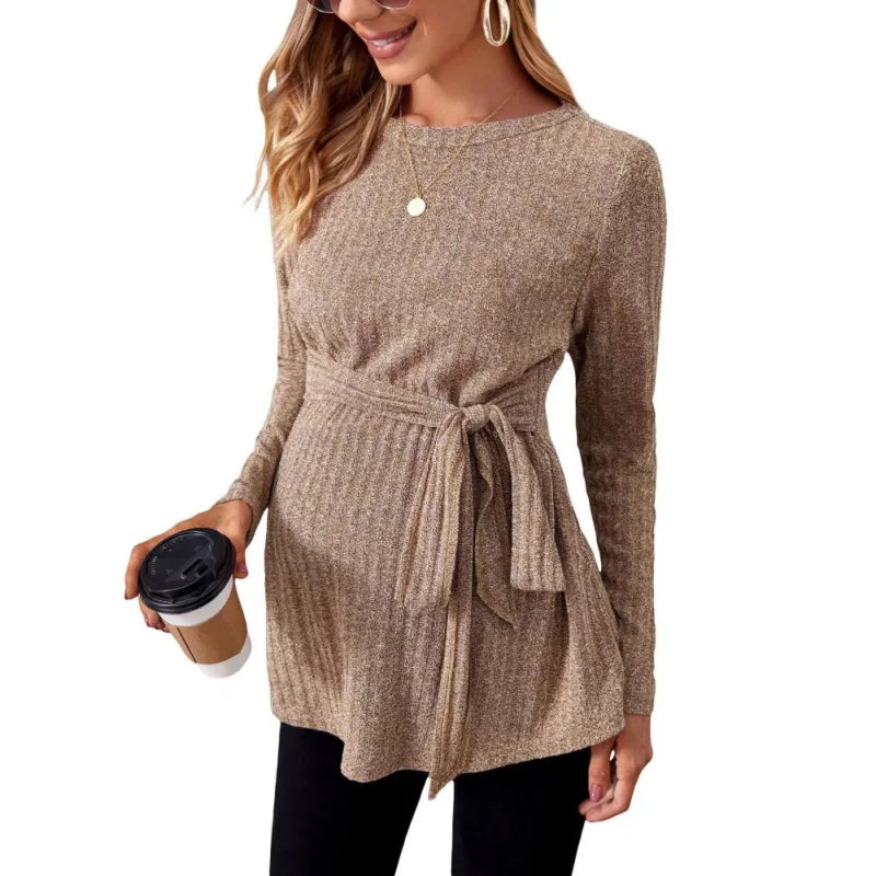 RidgeBloom – Belted Knit Maternity Sweater