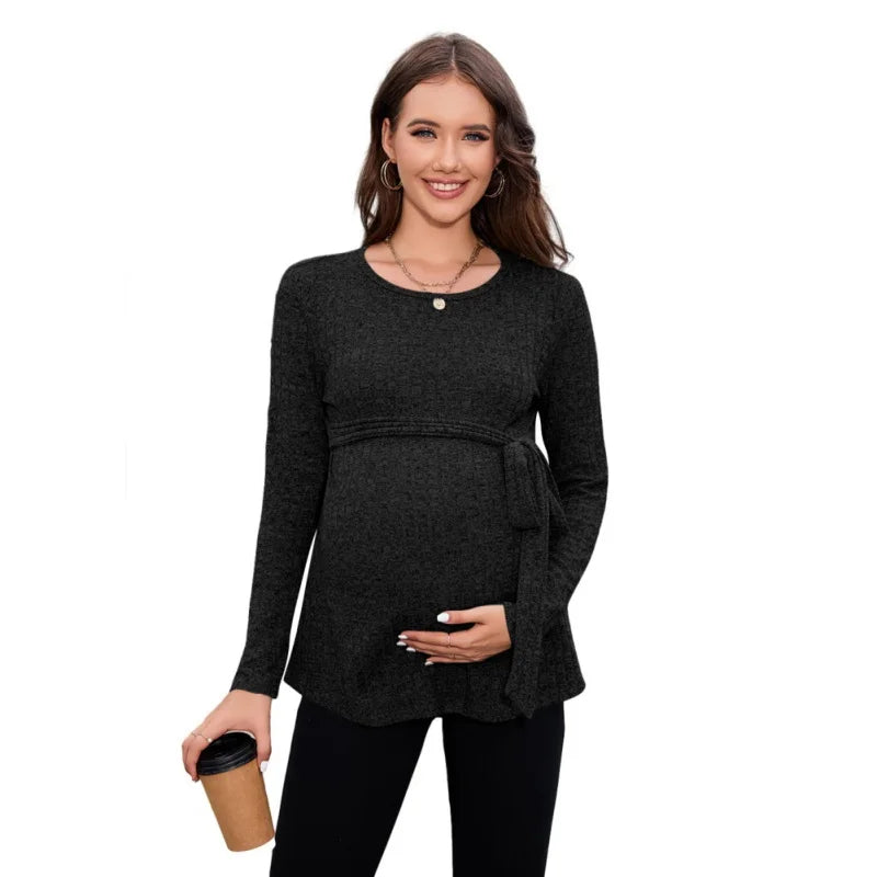 RidgeBloom – Belted Knit Maternity Sweater