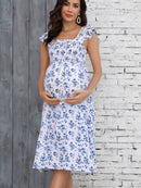 Azure Bloom – Floral Off-Shoulder Maternity Dress