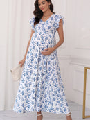 Azure Bloom – Floral Off-Shoulder Maternity Dress