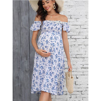 Azure Bloom – Floral Off-Shoulder Maternity Dress