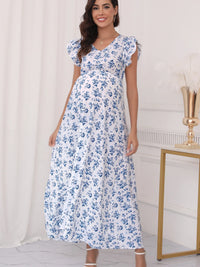 Azure Bloom – Floral Off-Shoulder Maternity Dress